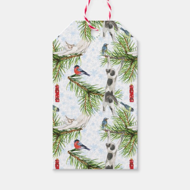 Etiqueta Para Presente Christmas Kitten with Birds (Frente)