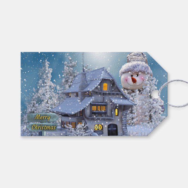 Etiqueta Para Presente Christmas Party Winter White Snowman Blue Rustic (Frente (horizontal))