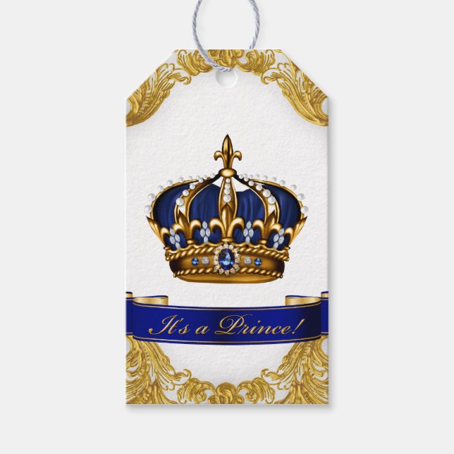 Etiqueta Para Presente Chuva de Bebê Azul Royal Ouro Príncipe (Frente)