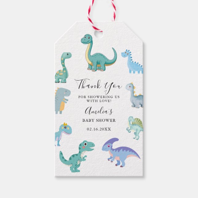 Etiqueta Para Presente Chuva de Bebê Dinossauro Elegante Branco (Frente)