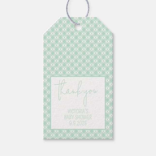 Etiqueta Para Presente Chuva de Bebê Gingham Verde Menta Neutro (Frente)