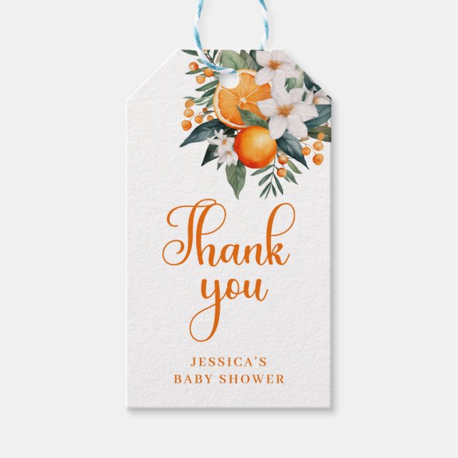 Etiqueta Para Presente Chuva de Bebê Laranja Cítrico Obrigado (Frente)