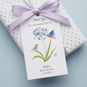 Etiqueta Para Presente Chuva de Bebê Lírio com Mãe e Bebê Pássaro Azul