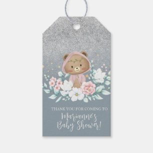 Etiqueta Para Presente Chuva de Bebê Urso Floral Brilho Azul Boêmio