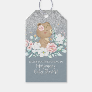 Etiqueta Para Presente Chuva de Bebê Urso Floral Brilho Azul Moderado