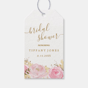 Etiqueta Para Presente Chuva de Casamento Floral Rosa em Aquarela Dourada