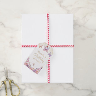 Etiqueta Para Presente Chuva de cores borboleta floral em aquarela para c
