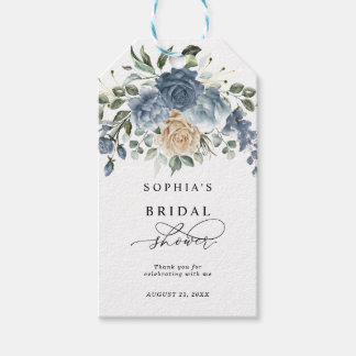 Etiqueta Para Presente Chuva de Noiva Floral em Azul Poeirento e Champanh