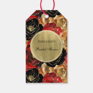 Etiqueta Para Presente Chuva de Noiva Floral Glam Vermelho Preto Dourado