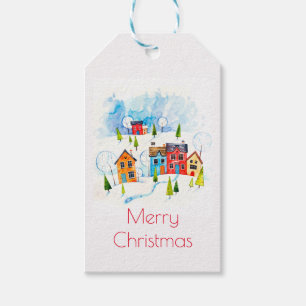 Etiqueta Para Presente Cidade de neve com aquarela de Natal feliz