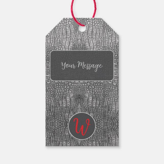 Etiqueta Para Presente Cinza Alligator Couro Escala Réptil Monograma (Frente)