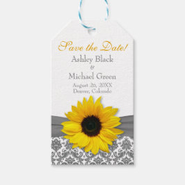 Etiqueta Para Presente Cinza Damask Yellow Sunflower Weding Date (Casamen