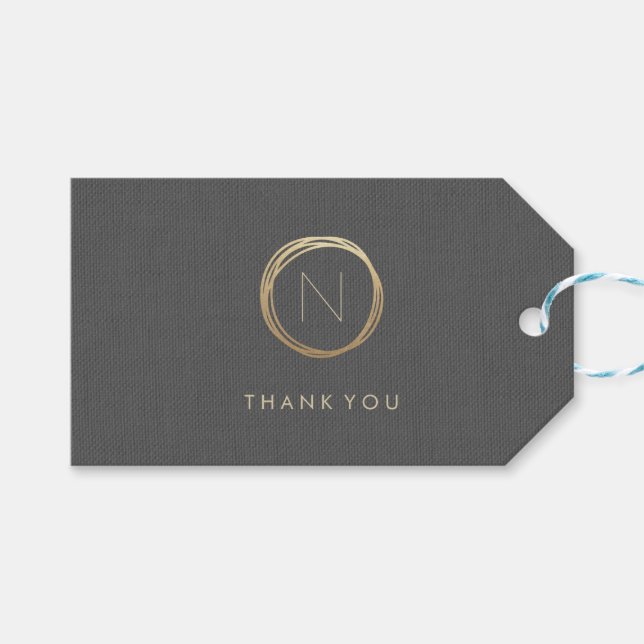 Etiqueta Para Presente Cinza Moderna Linn Elegante Monograma Dourado Obri (Frente (horizontal))