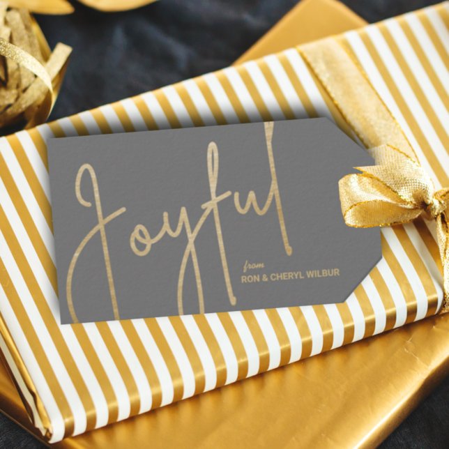 Etiqueta Para Presente CINZAS Douradas Faux Faux (Gold JOYFUL text in fancy script on gray Christmas gift/favor tags personalized with your names)