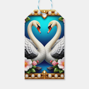 Etiqueta Para Presente Cisnes de Casamento Enquadrados com Ouro e Flores