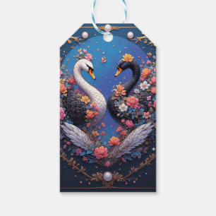 Etiqueta Para Presente Cisnes de Casamento Enquadrados com Ouro e Flores