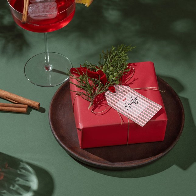 Etiqueta Para Presente Classic Christmas Green Red Stripes  (Use this Classic Christmas Tag to spread the holiday cheer. Customizable with your family name.)