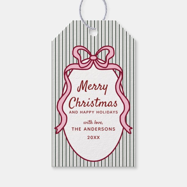 Etiqueta Para Presente Classic Dark Green Stripes & Bow Frame Christmas  (Frente)