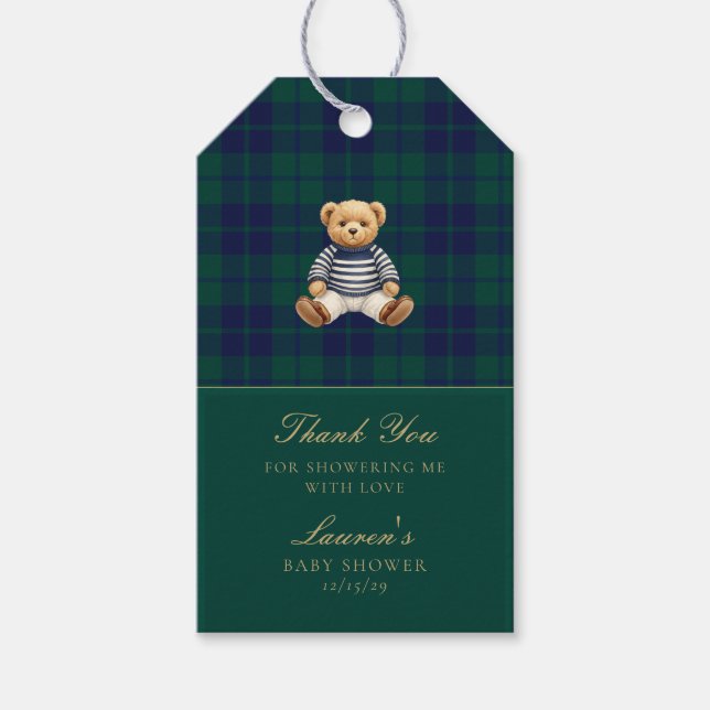Etiqueta Para Presente Classic Green Navy Plaid Bear Baby Shower  (Frente)
