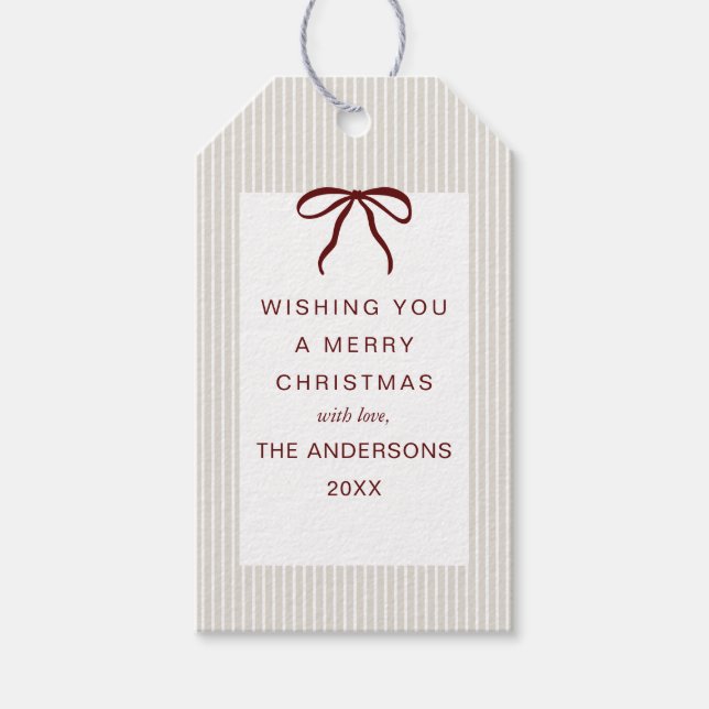 Etiqueta Para Presente Classic Stripes Red Bow Merry Christmas (Frente)