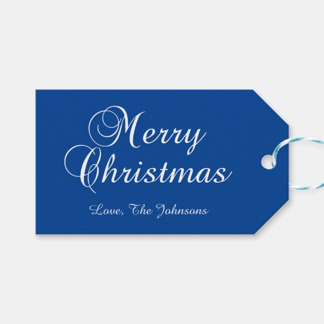 Etiqueta Para Presente Clássico Natal Feliz Caligrafia Azul (Frente (horizontal))