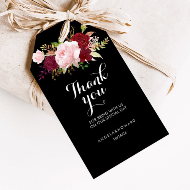 Etiqueta Para Presente Clássico negro tropical e borgonha Obrigado (Criador carregado)