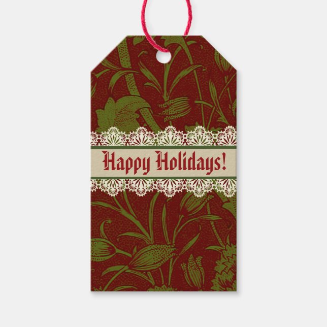 Etiqueta Para Presente Clássico Nostálgico William Morris Red Holiday (Frente)