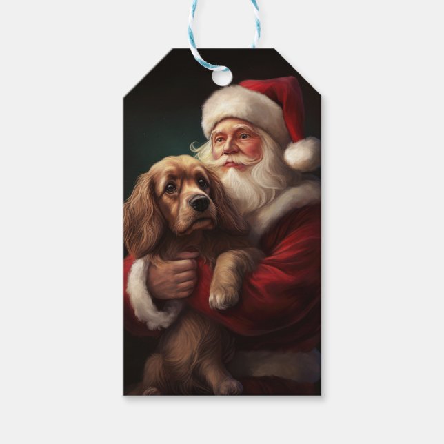 Etiqueta Para Presente Cocker Spaniel com Papai Noel Natal Festivo (Frente)