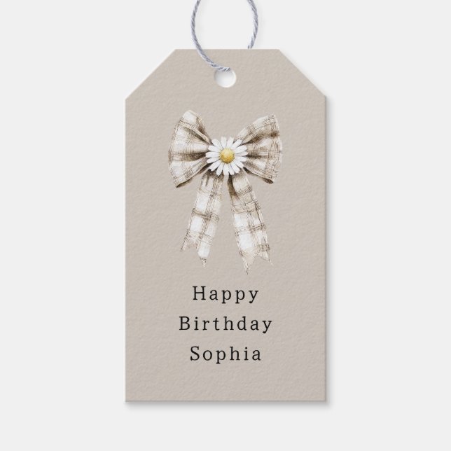 Etiqueta Para Presente Cocoa Cream White Bow Daisy Flowers Birthday   (Frente)