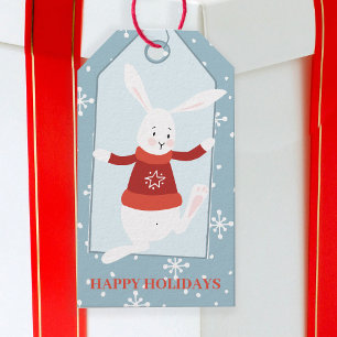 Etiqueta Para Presente Coelho de inverno Feriados felizes, azul-moderno b