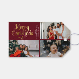 Etiqueta Para Presente Colagem de Fotos da Família Feliz Natal Dourado