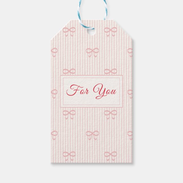 Etiqueta Para Presente Coquette Pink Bows & Pinstripe "For You" (Frente)