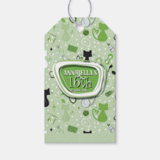 Etiqueta Para Presente Coração Verde dos Gatos de Aniversário de Meados d