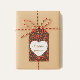 Etiqueta Para Presente Coral Brown Leopard Print Heart Happy Birthday 