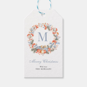 Etiqueta Para Presente Coroa de Monograma Elegante Natal Azul Poeirento