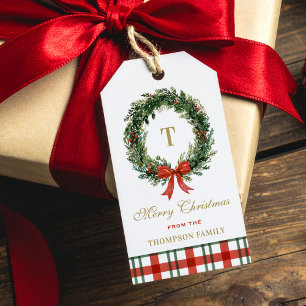 Etiqueta Para Presente Coroa de Natal com Monograma Dourado Xadrez Verde