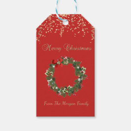 Etiqueta Para Presente Coroa de Natal Festiva, Confetes, Vermelho