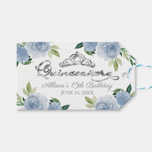 Etiqueta Para Presente Coroa de Prata Azul Claro Floral Festa de Quincean