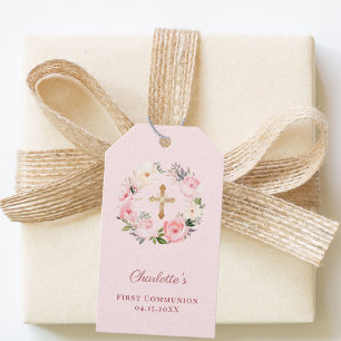 Etiqueta Para Presente Coroa floral de rosa suave para a Primeira Comunhã