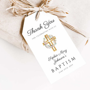 Etiqueta Para Presente Coroa Floral Elegante Cruz Batismo