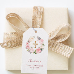 Etiqueta Para Presente Coroa floral rosa cruz Primeira Comunhão DIY