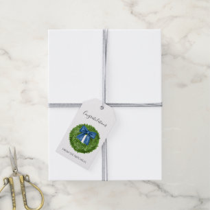 Etiqueta Para Presente Coroa Verde de Buxo com Laço Azul 