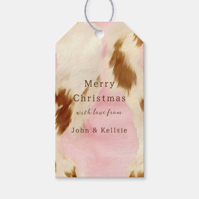 Etiqueta Para Presente Cowgirl Pink Cream Brown Cowhide Dourado Natal (Frente)