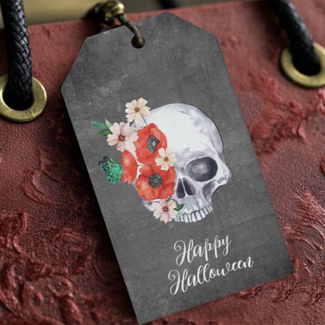 Etiqueta Para Presente Crânio Floral Halloween (Boho Floral Skull Gift Tag)