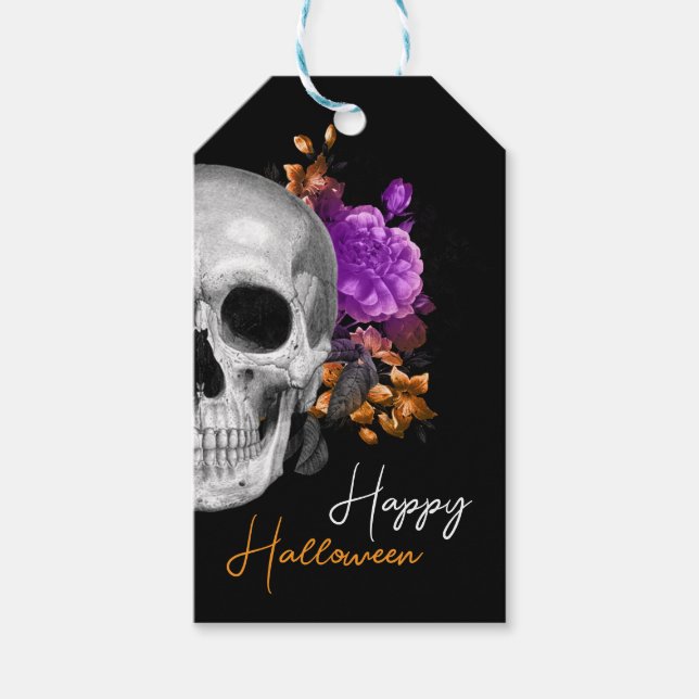 Etiqueta Para Presente Cranio Gótico e Flores Feliz Halloween (Frente)