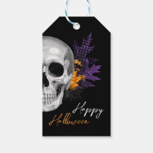 Etiqueta Para Presente Cranio Gótico e Flores Feliz Halloween