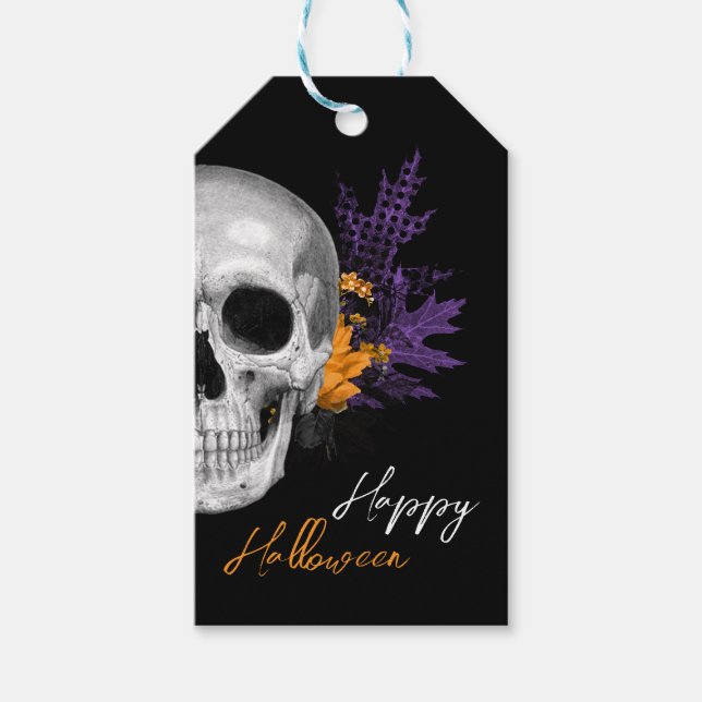 Etiqueta Para Presente Cranio Gótico e Flores Feliz Halloween (Frente)