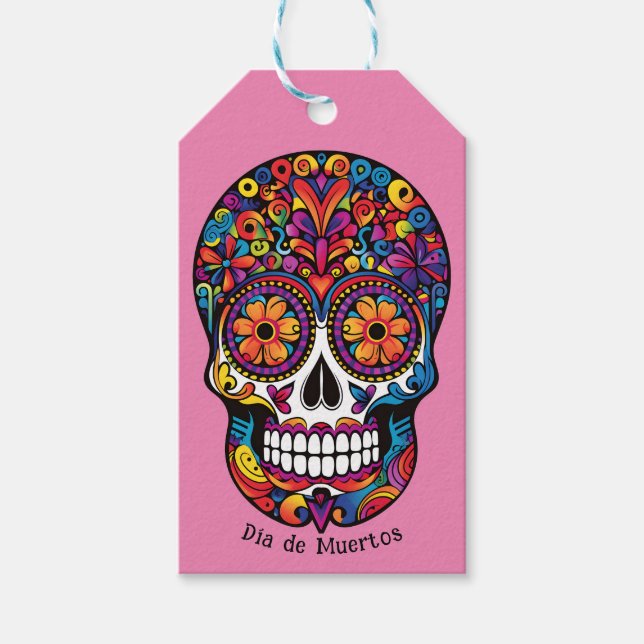 Etiqueta Para Presente Crânio rosa vívido do Dia de Muertos (Frente)