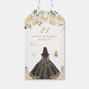 Etiqueta Para Presente Creme Floral Menina de Pele Morena Feliz Aniversár