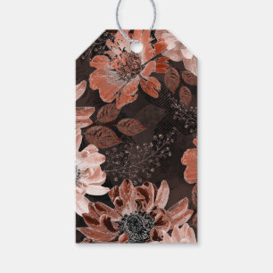 Etiqueta Para Presente Creme, flores teracota em um fundo marrom escuro